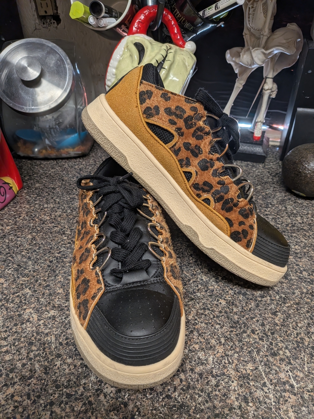 Leopard Print Low-Top Sneakers in Black & Tan
